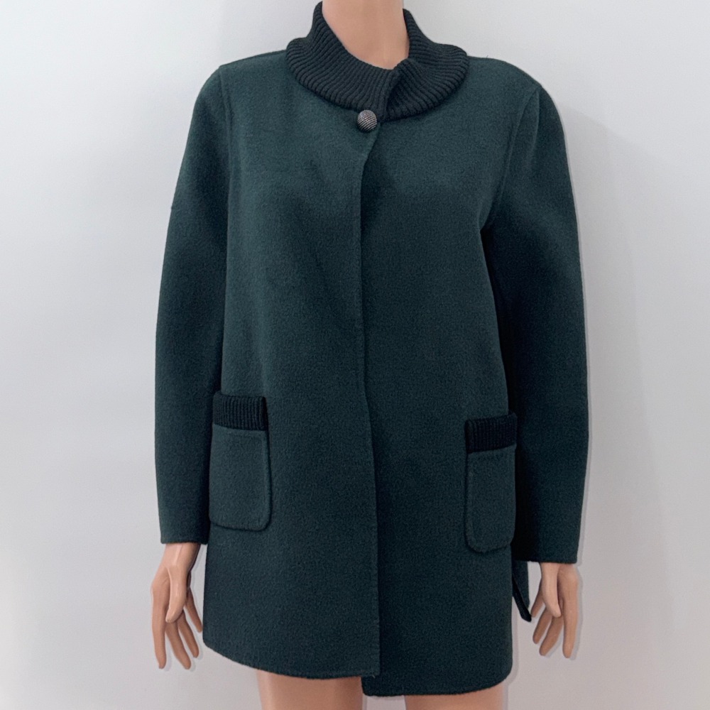 St. John M Green Wool Angora Cashmere Knit Trim Quiet Luxury Minimalist Car Coat